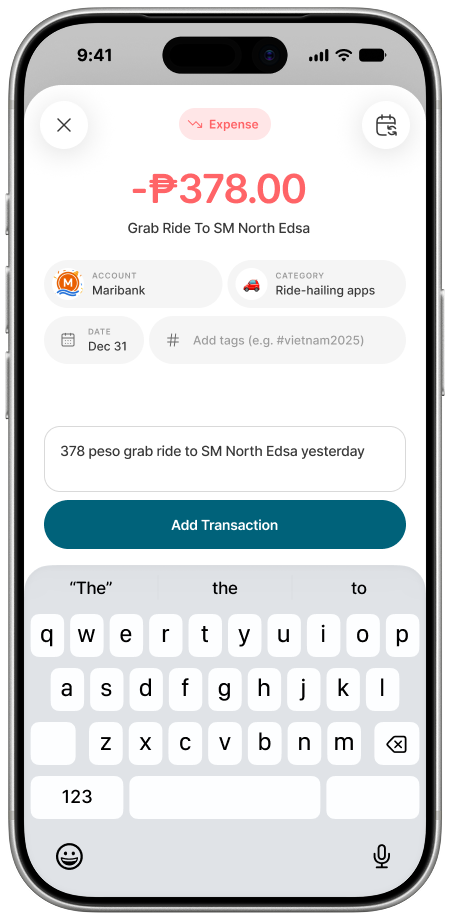 The Cash Captain quick entry screen showing the typed line "378 peso grab ride to SM North Edsa yesterday" already parsed into a -₱378.00 expense, with account, category, and date fields filled in automatically.