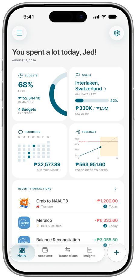 The Cash Captain home screen showing 68% of budgets spent, a savings goal for a trip to Interlaken, Switzerland, a recurring bills calendar due this month, a monthly spending forecast, and a list of recent transactions.