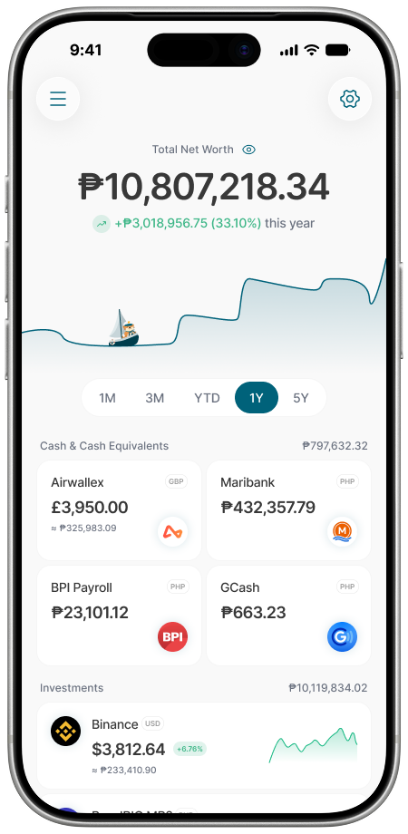The Cash Captain accounts screen showing total net worth of ₱10,807,218.34 with a one year growth chart, cash balances across accounts like Airwallex, Maribank, BPI Payroll, and GCash, and an investment holding in Binance.